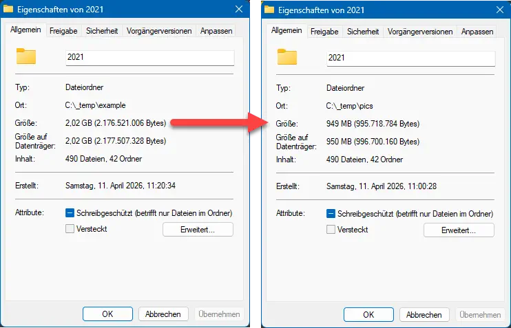 Before/after – reduced from 2.02 GB to 949 MB