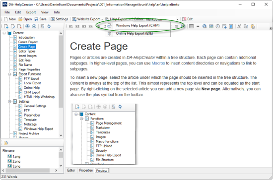 Screenshot of a program for CHM creation and export