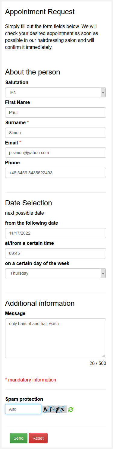 Screenshot: An appointment request form