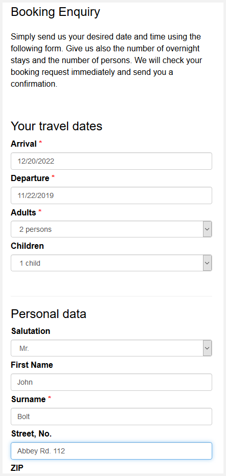 Screenshot of a booking request form in responive design