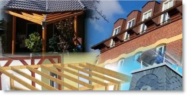 Beispielhafte Darstellung einer Collage aus dem Bereich Holzbau, Schornsteinsanierung und Dachdeckung