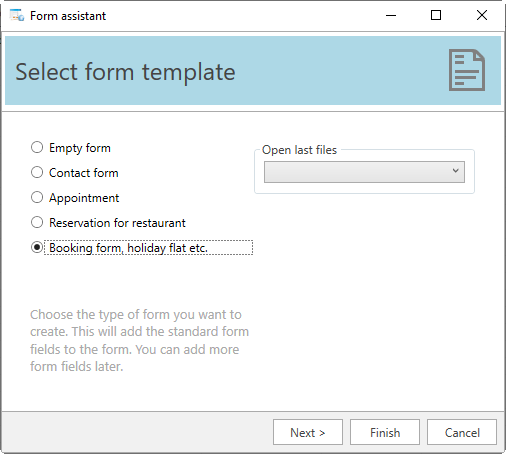 Screenshot 1: create booking form; select from template