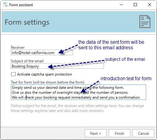 Screenshot 3: create booking form; form settings