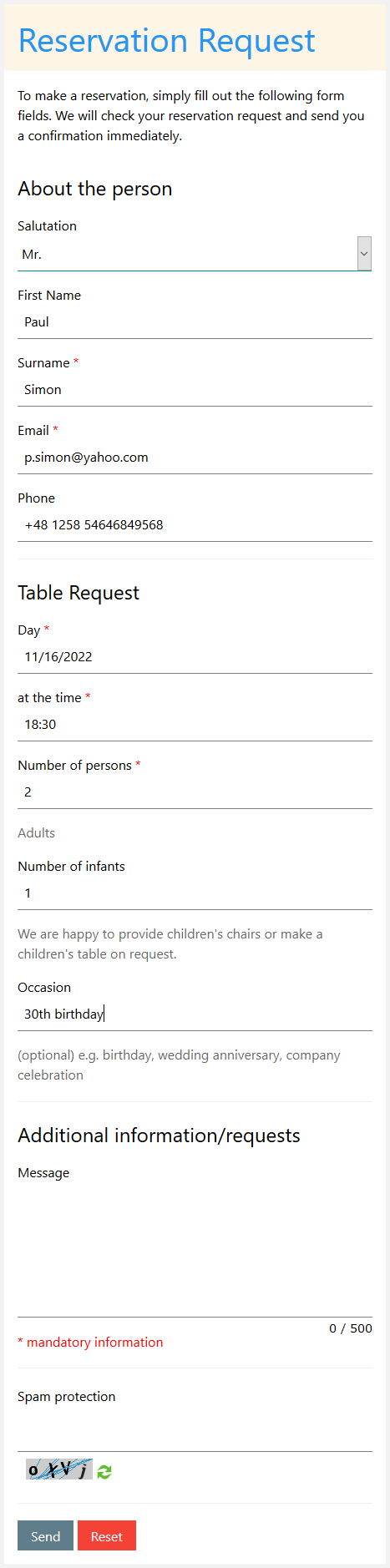 Screenshot of a ready form for reservation requests in responive design
