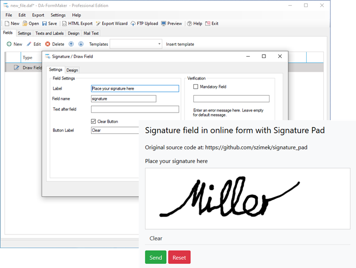create signature field in internet form