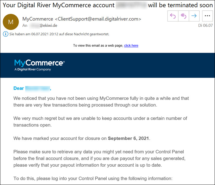 E-Mail Schreiben Kündigung MyCommerce (ShareIt)