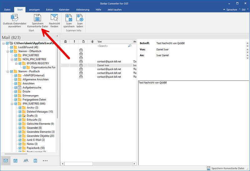 Screenshot "Stellar Converter for OST" mit Vorschau der eingelesenen OST-Datei
