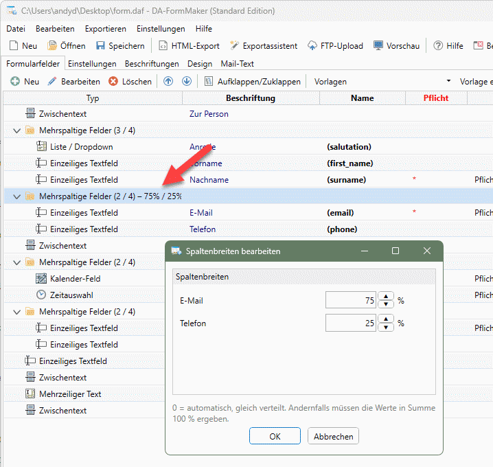 Individual column widths for multi-column forms in DA-FormMaker