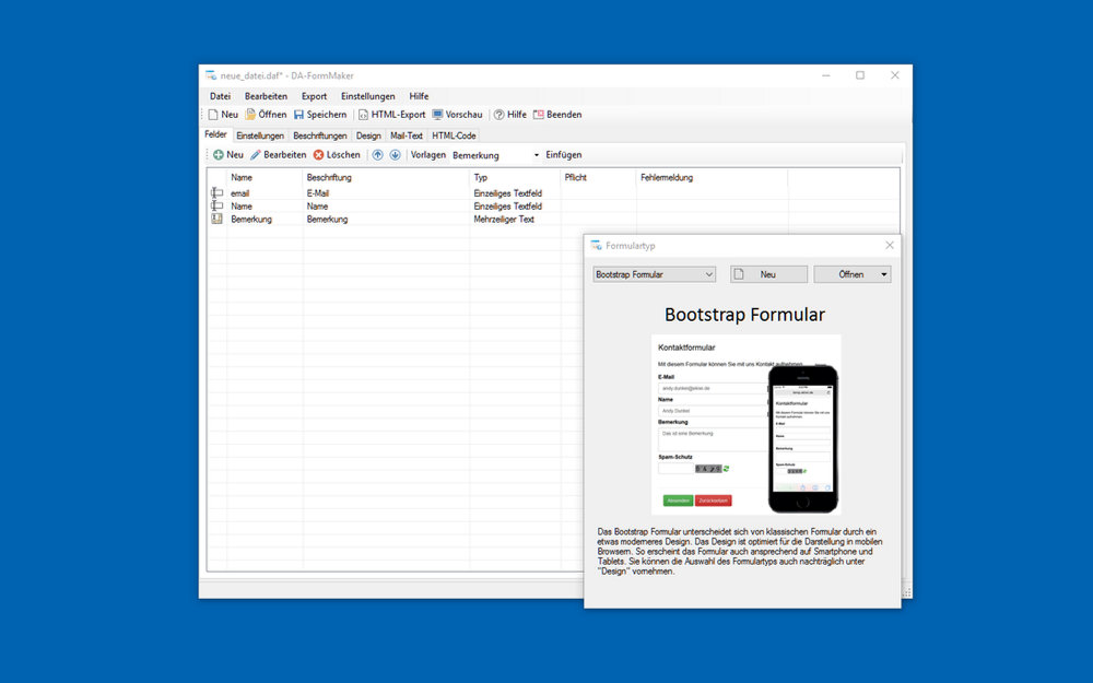 Screenshot DA-FormMaker Neues Bootstrap Formular